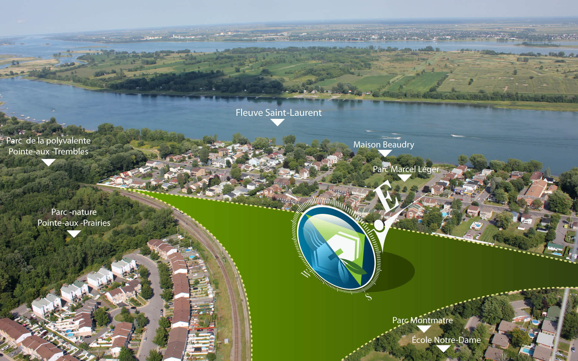 Vue aérienne de l'emplacement du projet Pointe Est et les attraits à proximité, à Pointe-aux-Trembles